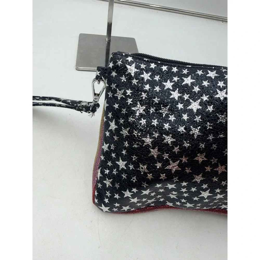 Bari Lynn Black Silver Star Wristlet Pouch Glitter Stripe Bag 11437 NWT